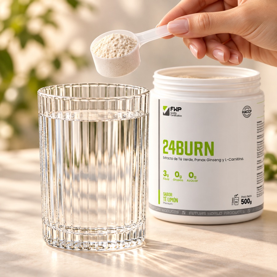 Un scoop de 24BURN+ sobre un vaso con agua y el tarro abierto